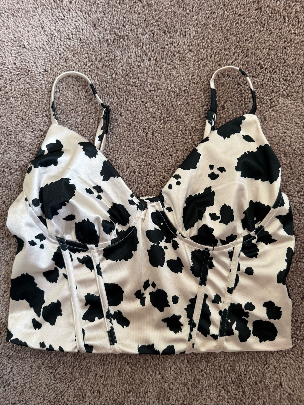 Cow-Print Satin Bustier Crop Top - Black & White